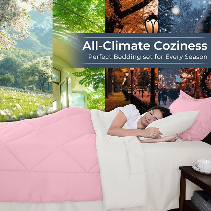 HEVUMYI Twin Comforter Set - 5-Piece All Season Bed in a Bag Twin, Ultra Soft Bedding Set with Comforter, Flat Sheet, Fitted Sheet, Pillowcases, Pillow Shams, Pink & Ivory