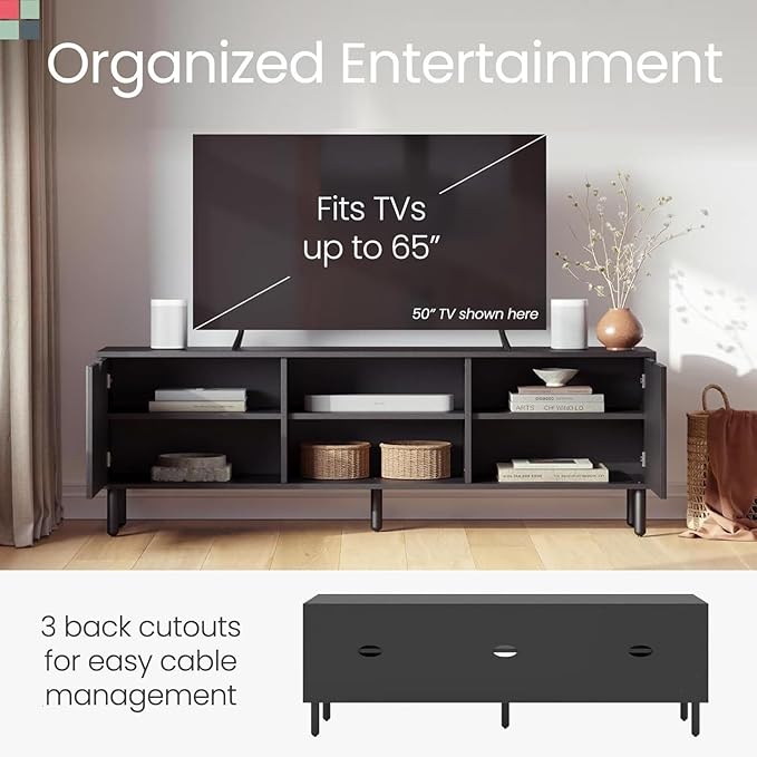 Fluted TV Stand - 70-Inch Fluted Black Wood - TV Console Table & Entertainment Center with Storage - Soft-Close Doors, Adjustable Shelves & Cable Management