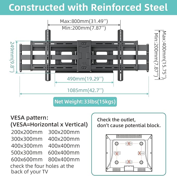 Heavy Duty TV Wall Mount for 42-90" TVs, 4X Load Tested Holds 179lbs, 40.9" Smooth Gliding Extension Arms, Full Motion Swivel & Tilt, VESA 800x400, Fits 16-18" Studs