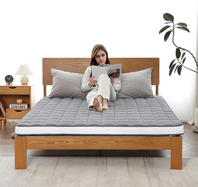 Welnow Japanese Futon Floor Mattress, Full Size Thick Tatami Mat Portable & Foldable Roll Up Floor Bed Mattress with Storage Bag, Sleeping Pad for Adults, Dorm, Guest Bed, Camping and Travel, Grey