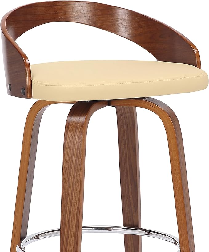 Armen Living Sonia 30" Bar Height Swivel Cream Faux Leather and Walnut Wood Bar Stool - Set of 2
