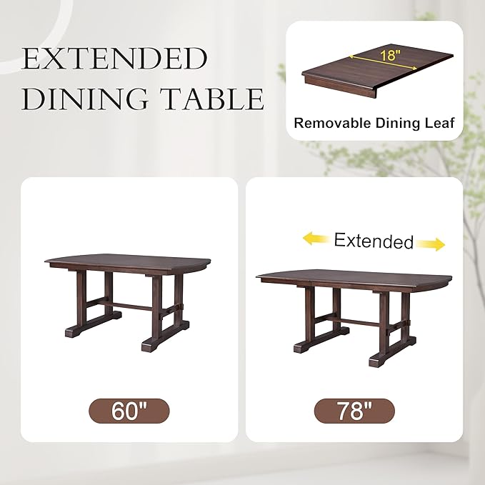 Ball & Cast 60"-78" Extendable Farmhouse Dining-Table for 6-8, Expandable Wooden Kitchen Table with 18" Removable Leaf, Large Retro H-Leg Dining Room Table for 4-8,Space Saving & Sturdy, Cherry