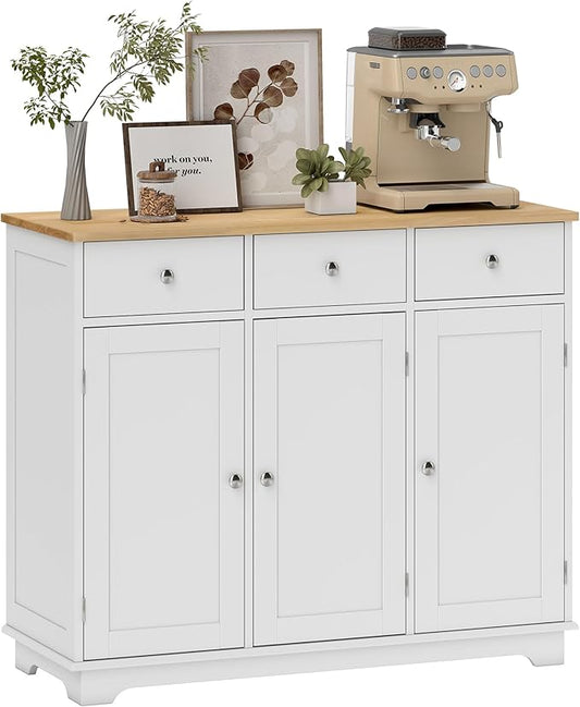 HOMCOM Sideboard with Solid Wood Countertop, Modern Kitchen Storage Cabinet, Coffee Bar Cabinet with 3 Drawers, Doors and Adjustable Shelf, White