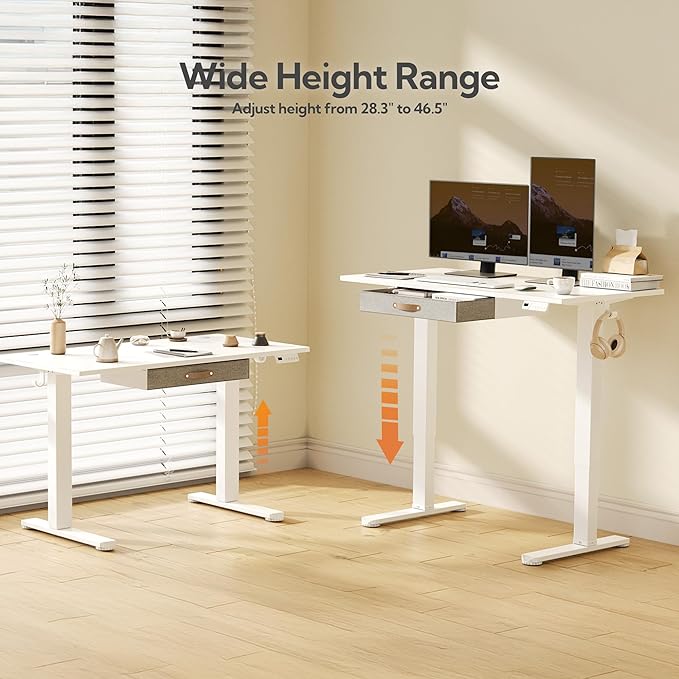 Seang Standing Desk with Drawer, 40" x 24" Height Adjustable Stand Up Desk, 3 Memory Height Settings with Cable Grommets & Storage Hooks, Ideal for Home & Office, White