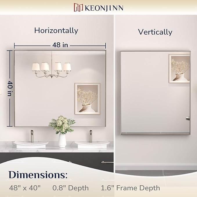 Keonjinn 48 x 40 in Brushed Nickel Bathroom Mirror, Rectangular Wall Metal Framed Vanity Mirror Square Corner Aluminum Alloy Modern Rectangle Wall-Mounted Mirror(Horizontal/Vertical)