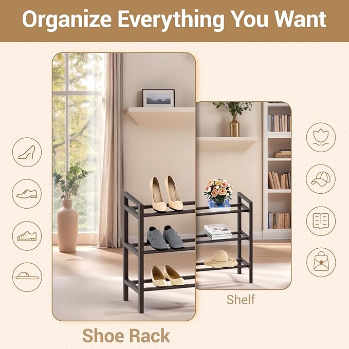 Haddockway Bamboo Shoe Rack for Closet, Free Standing Shoe Organizer with Smooth Round Rods & Convenient Handles, Stackable Shoe Storage Shelf for Entryway, Hallway(Brown, 3-Tier(Small))