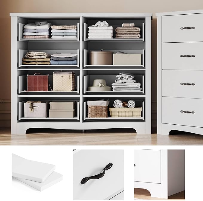 LINSY HOME 8 Drawers Dresser for Bedroom, 47" Wide Rustic Wood Dressers & Chests of Drawers, 40" Tall Modern Storage Dresser with Antique Handles for Closet, Living Room, Hallway, White