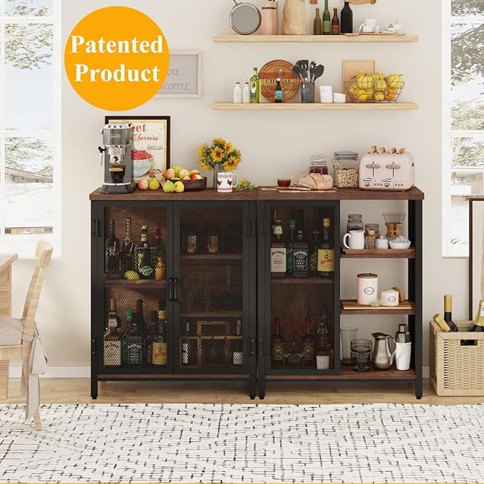 BON AUGURE Coffee Bar Cabinet for Liquor, Small Storage Cabinet for Home Kitchen, Farmhouse Sideboard Buffet Cabinets, Industrial Alcohol Cabinets for Dining Entryway Living Room (Rustic Oak)