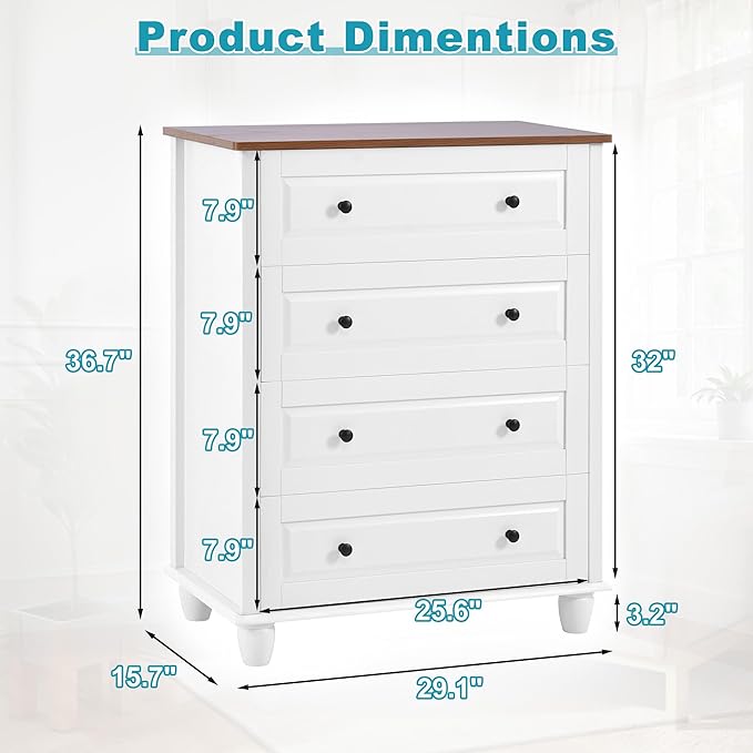Farmhouse 4 Drawers Dresser for Bedroom, 29.1" Wide Wood Chest of Drawers with Metal Handle, Tall Storage Dressers Organizer for Bedroom, Living Room, Hallway, Ivory White