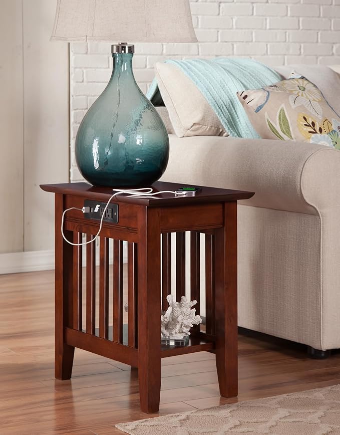 AFI, Mission Chair Side Table with Charging Station, Walnut