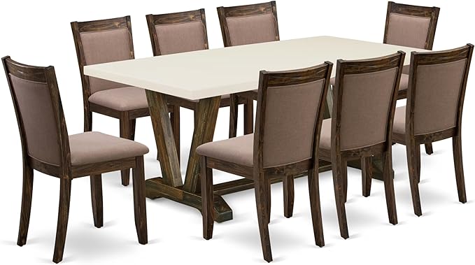 East West Furniture V727MZ748-9 9 Piece Dining Room Furniture Set Includes a Rectangle Dining Table with V-Legs and 8 Coffee Linen Fabric Parsons Chairs, 40x72 Inch, Multi-Color