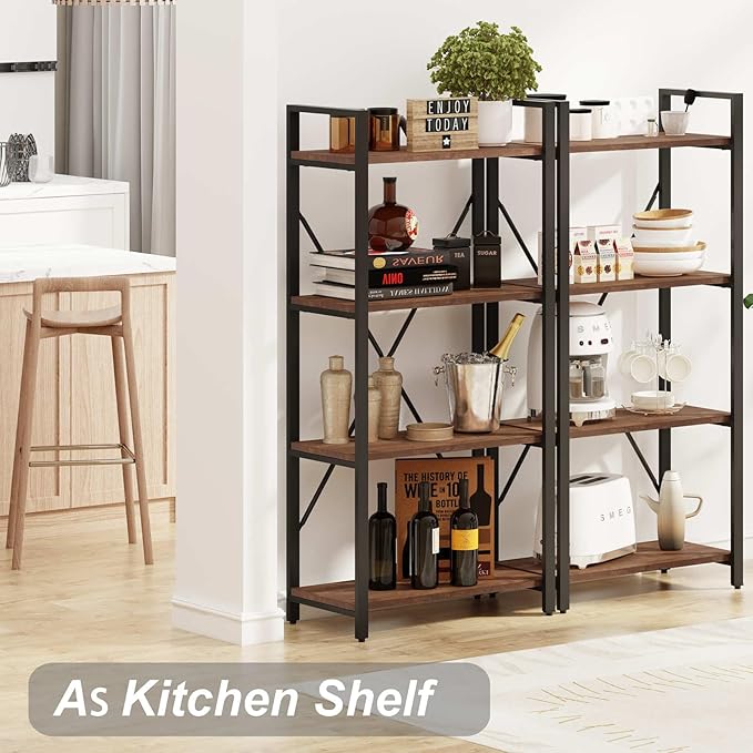 BON AUGURE Industrial 4 Tier Bookshelf, Modern Open Etagere Bookcase, Wood Metal Vintage Shelving Unit for Office Bedroom and Living Room, Heavy Duty Book Shelf (Rustic Oak)