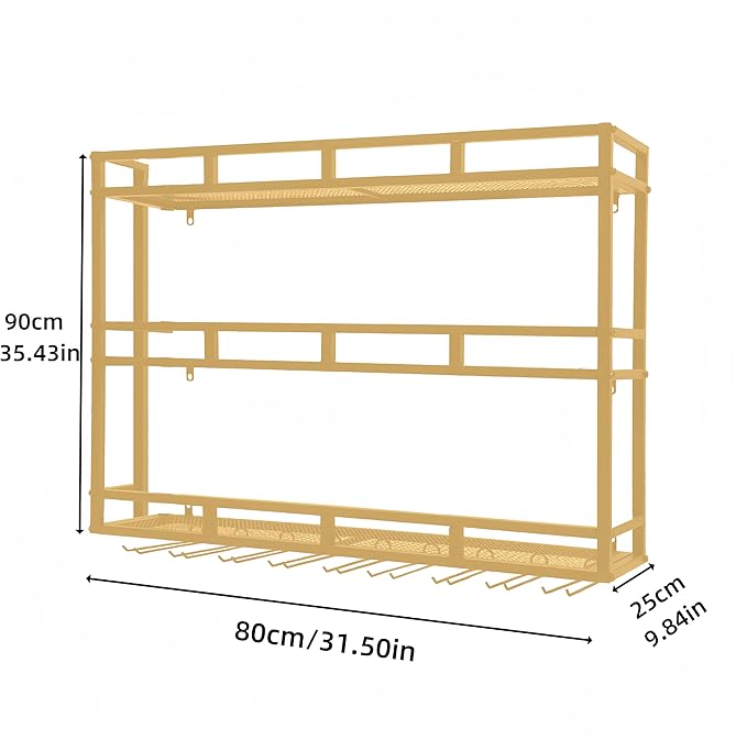 Metal Wine Rack Wall Mounted, Bar Shelves for Liquor Bottles with LED Light, 3 Tier Large Capacity Liquor Rack Wall Mounted with Glass Holder for Home Bar & Dining Room （Gold, 31in/80cm）