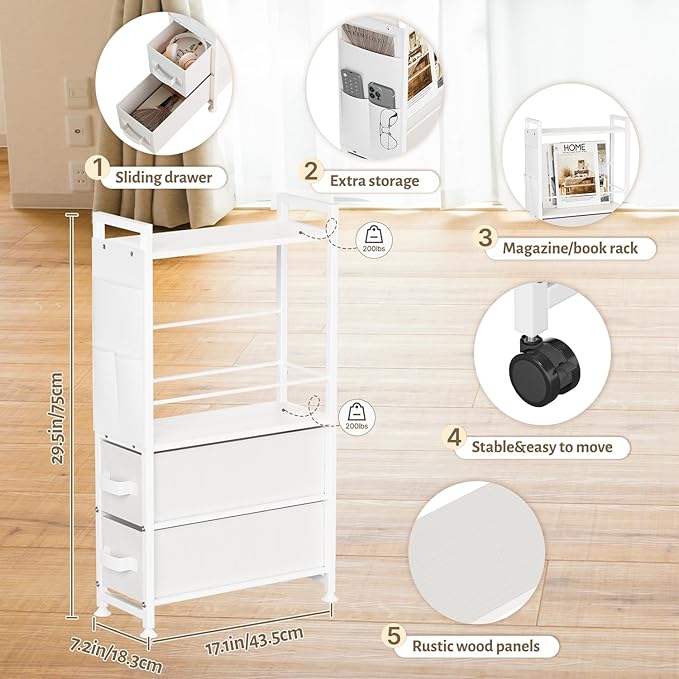 Small Narrow Side Tables for Small Spaces, Skinny Bedside End Table Nightstand with Drawers&Wheels, Slim Desk Stand Magazine Rack with Storage Bag for Sofa Living Room Couch Bedroom (White)
