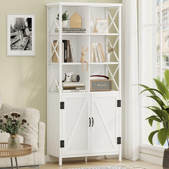 FATORRI Tall Bookshelf and Bookcase, Industrial Bookshelf with Doors, Bookcase with Storage, Cube Storage Organizer Bookshelves, Wood Book Shelf for Living Room, Home Office (White Oak, 67 Inch)