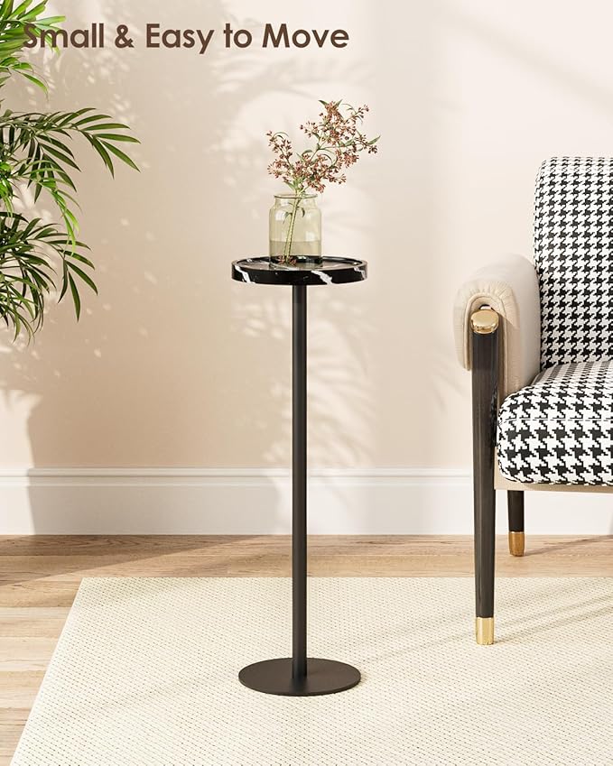 Drink Table, Small Pedestal Side Table, Round Cocktail Table, Circle Accent End Table with Metal Base, for Small Spaces (1, Black Marble)