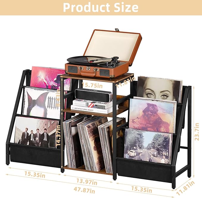 LELELINKY Record Player Stand with Vinyl Storage, 3 Tier Turntable Stand with Display Shelf Storage Up to 180 Albums,Brown End Table Records Cabinet for Media Stereo Speaker, Amplifiers, Magazines