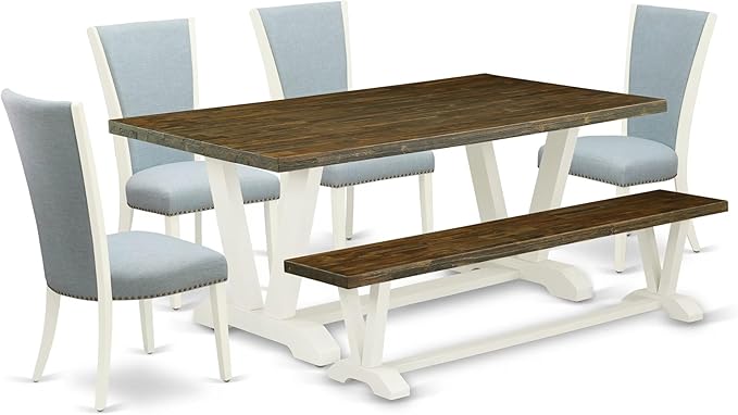 East West Furniture V077VE215-6 6 Piece Dining Table Set Contains a Rectangle Kitchen Table with V-Legs and 4 Baby Blue Linen Fabric Parson Chairs with a Bench, 40x72 Inch, Multi-Color