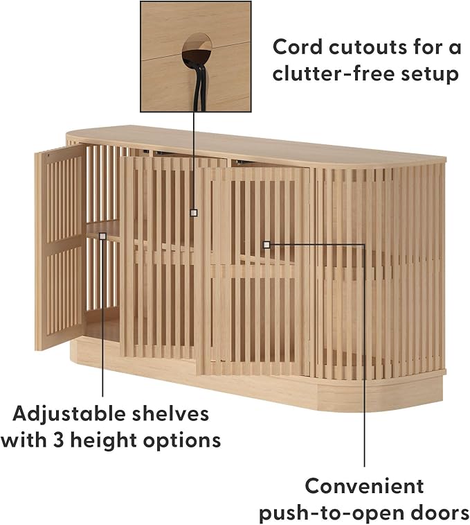 Plank+Beam Contour Wood TV Stand, Three Door Solid Wood Entertainment Console with Storage, 59" L x 16" W x 30" H, Blonde