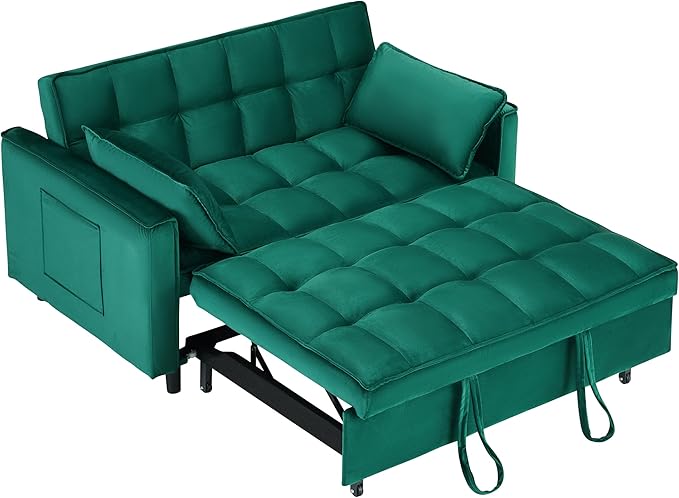 Ball & Cast Convertible Sofa Bed,Pull Out Loveseat Sleeper Sofa,Convertible Pull Out Couch W/ 2 Pillows,Adjustable Backrest & Side Pocket,Corduroy Futon Couches for Living Room,Apartment,Green,55"