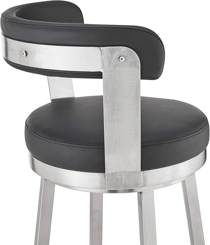 Armen Living Bryant Modern 26" Seat Height Black Faux Leather and Brushed Stainless Steel Metal Swivel Bar Stool for Kitchen Island Counter
