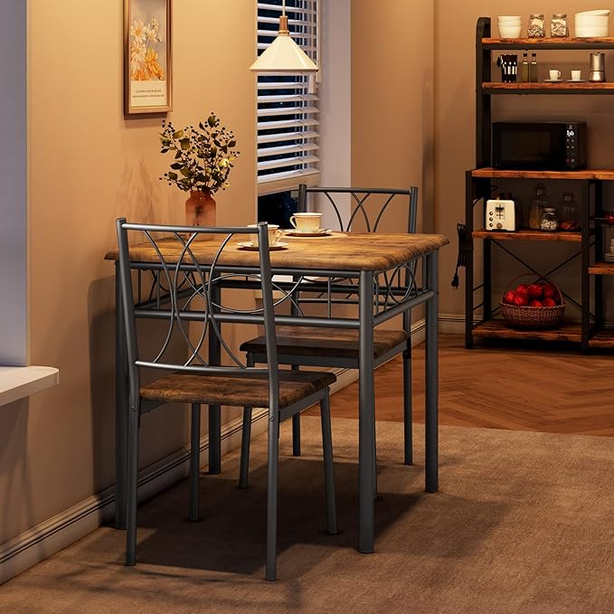 CABIHOME Dining Table Set for 2, 3 Piece Kitchen Table Set for 2, Square Kitchen Table Set of 2, Dining Table Set for Small Space, Apartment, Dining Room, Retro Brown