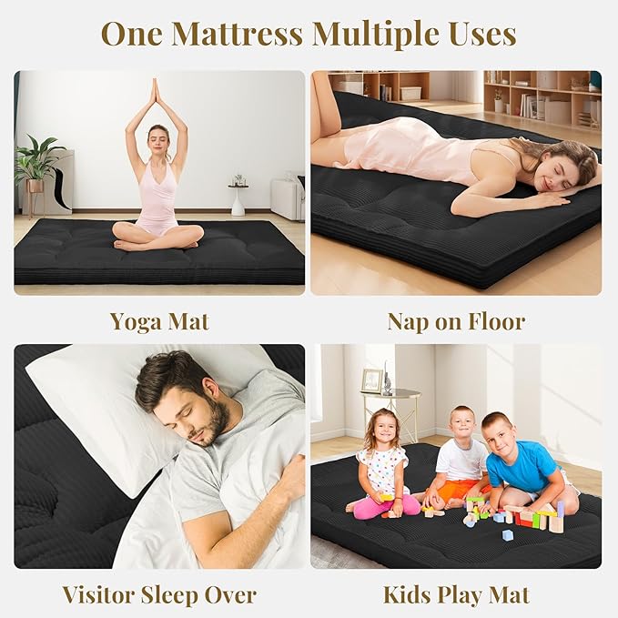 Japanese Floor Mattress, 4" Thicken Futon Mattress Twin Size Sleeping Pad, Corduroy Foldable Floor Pad, Roll Up Tatami Mat for Adults Guest Room Bedroom, Black