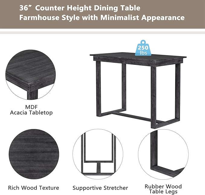 Merax Farmhouse Counter Height 5-Piece Dining Set with 1 Rectangular Table and 4 Upholstered Chairs for Small Places, Family Kitchen Furniture, Gray