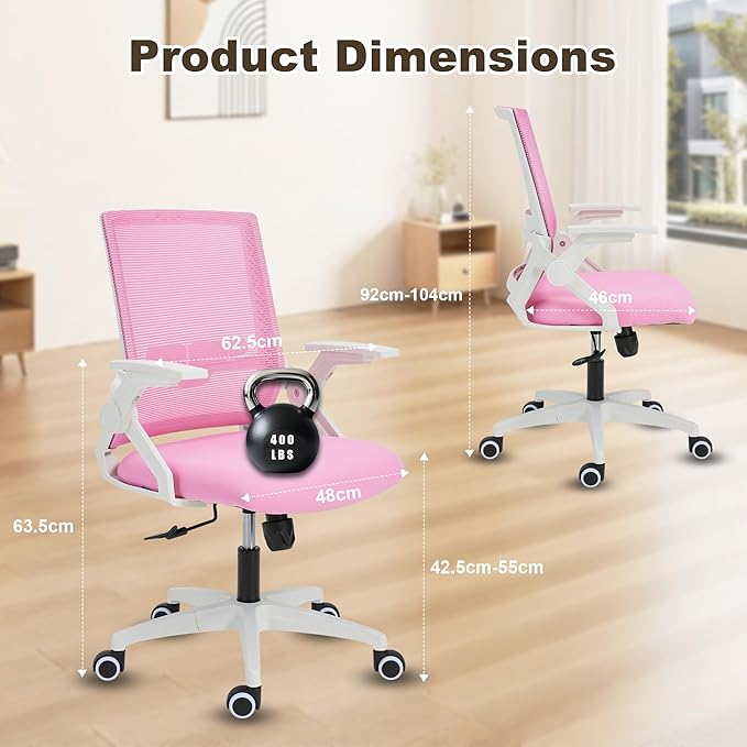 Ergonomic Office Chair Desk Chair with Adjustable Height Mesh Computer Chair Swivel Chair with Flip-up Arms and Lumbar Support Pink