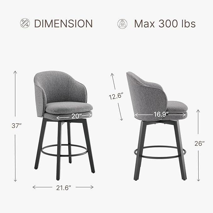 Counter Height Barstools 26 inch Upholstered Swivel Bar Stools with Back and Wood Legs for Kitchen Island,Set of 1,Dark Grey Fabric
