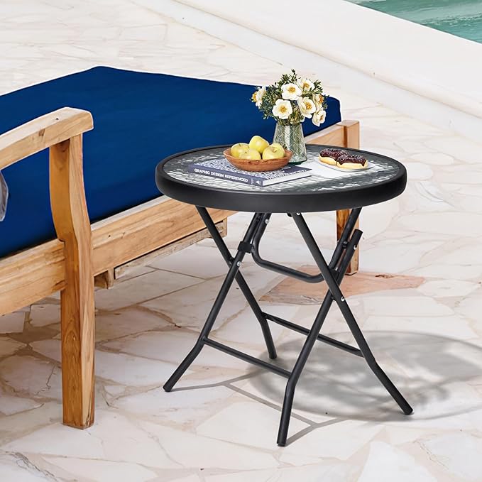 Foldable Side Table with Tempered Glass Top 18" Outdoor Folding Side Tables Small Glass Patio Table for Porch Yard Balcony Deck Lawn Dining Garden (Black)