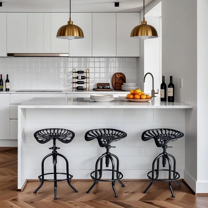 Industrial Bar Stool Farmhouse Tractor Saddle Stool Kitchen Counter Height Adjustable Bar Stool Metal Bar Stool 19.6-24 Inch Pub Bar Stool,Set of 2, Black