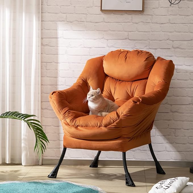 HollyHOME Modern Fabric Large Lazy Chair, Accent Oversized Comfy Reading Chair, Thick Padded Cozy Lounge Chair with Armrest, Leisure Sofa Chair for Living Room, Bedroom, Dorm, Reddish Brown