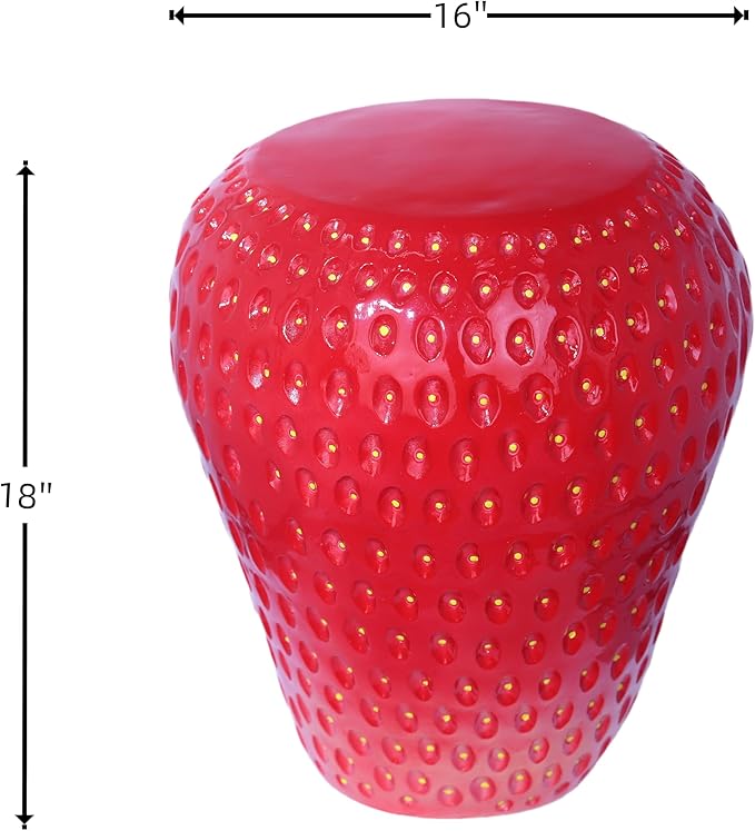 18" Red Strawberry Stool Statue Fruit-Inspired Side Table Indoor Outdoor Accent Seat Plant Stand MGO Garden Stool for Patio Balcony or Living Room Decor