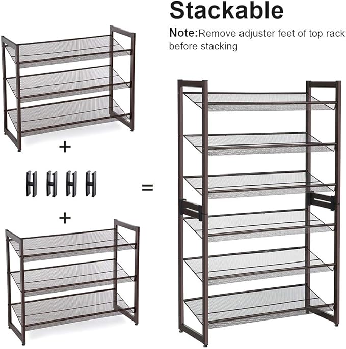 SONGMICS Shoe Rack, 6-Tier Shoe Organizer, Metal Rack for Garage, Set of 2, 3-Tier Stackable Shelf, with Adjustable Flat or Angled Shelves, 18-24 Pairs, Bronze ULMR03A-2