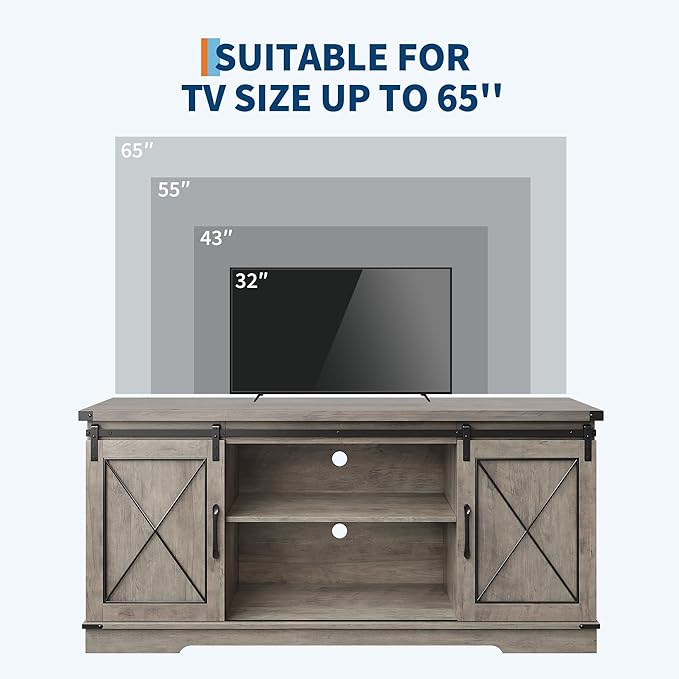 Farmhouse 59" TV Stand Up to 65 Inches, Mid Century Modern TV Entertainment Center with Storage Cabinets & Open Shelves, Wood TV Cabinet for Living Room, Grey