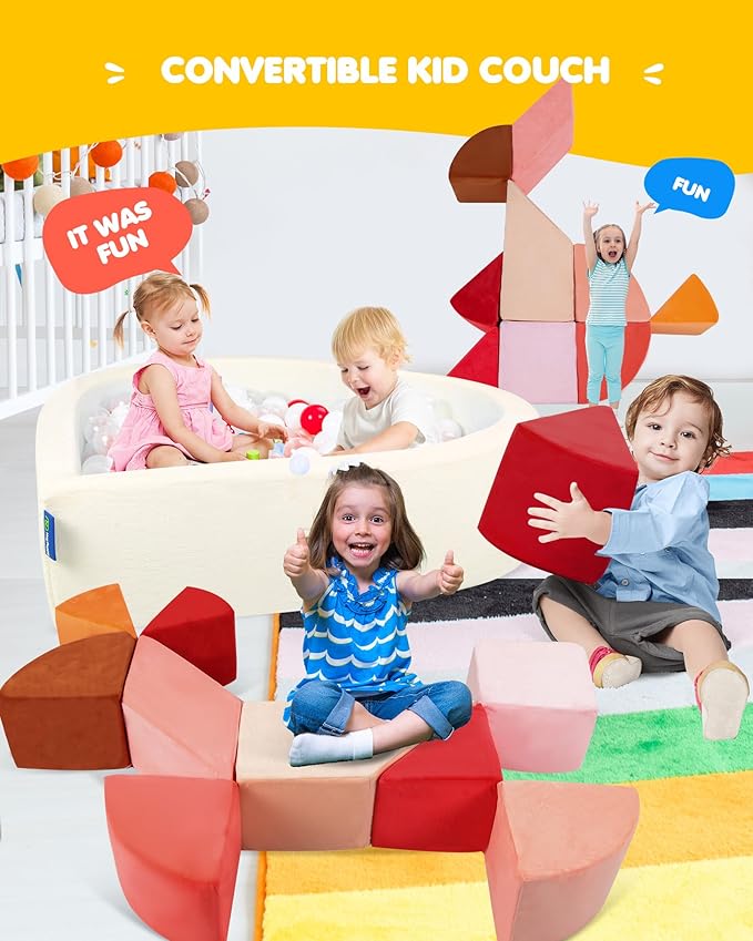 Kids Play Couch, 2-in-1 Heart-Shape Kids Plays Sofa with Unique Ball Pit(no Balls Included), Tangram Puzzle Play Couch for Playroom, Modular Play Sofa for Inspiring Creativity, Glow
