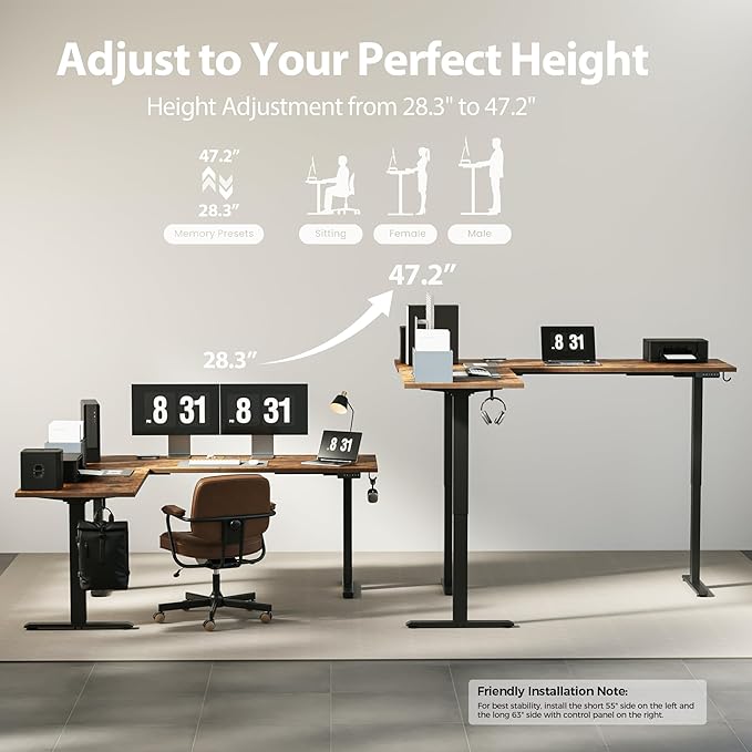 Agilestic Triple Motors 73" x 60" L Shaped Standing Desk, Electric Standing Desk Adjustable Height, Extra Large Desktop Corner Table for Home Office, Gaming Workstation, Splice Board, Rustic Brown