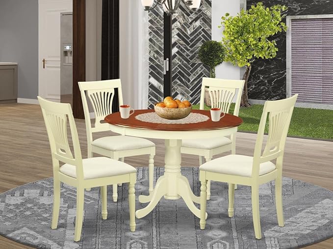 East West Furniture HLPL5-BMK-C 5 Piece Modern Dining Table Set Includes a Round Wooden Table with Pedestal and 4 Linen Fabric Kitchen Dining Chairs, 42x42 Inch, Buttermilk & Cherry