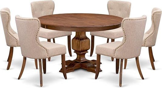 F3SI7-50N-04 7-Pc Kitchen Table Set consists of a Pedestal Table and 6 Light Tan Polyester Padded Chairs with Button Tufted- Antique Walnut