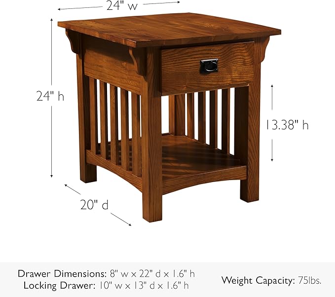 Leick Home Mission End Table, Solid Wood, 1 Storage Drawer, Additional Secret Compartment, Bottom Display Shelf, Easy-Assembly, Medium Oak, 20 in L x 24 in W x 24 in H, 8222-SC