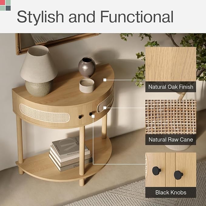 Rattan Half Moon Shaped Entry Table, Small Console Table with Storage, Modern Home Decor, Cane Console Table, Solid Wood Entryway Table with 2 Doors & Black Knobs (Natural Oak)