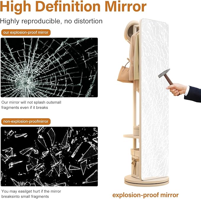 70"x16"Full Length Mirror with Stand,Coat Rack with Mirror,Solid Wood Floor Mirror,Swivel Mirrorfor Bedroom, Living Room, Cloakroom
