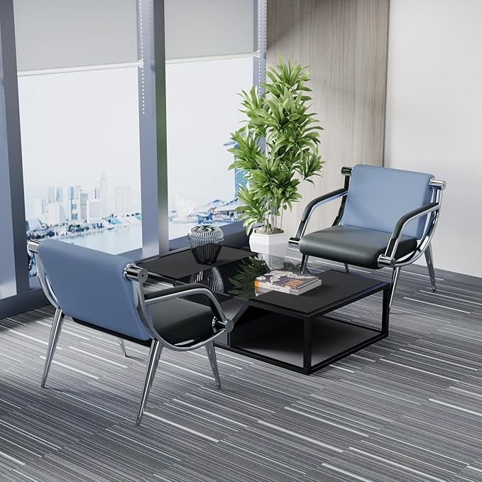 wonline Waiting Room Chair with Armrest PU Leather Office Furniture, Office Guest Seating Lobby Conference Reception Chairs for Airport Clinic Hospital Bank Salon Barber(Blue&Black)