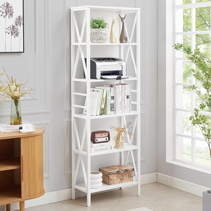 HOMISSUE Tall Bookshelf, 6-Tier Book Shelf, Rustic Wood Metal Bookshelves and Bookcases, Freestanding and Industrial Open Bookcase for Home Office, Living Room and Bedroom, Vintage, White