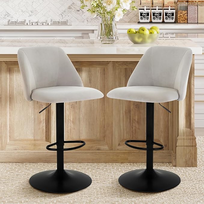COLAMY Bar Stools Set of 6, Modern Swivel Bar Chairs, Adjustable Upholstered Barstools Counter Height with Full Backrest for Bar, Dining Room, Kitchen Island, Grey