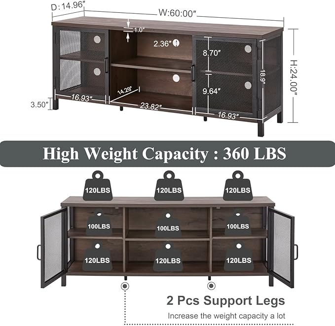 FATORRI Industrial Entertainment Center for TVs up to 55 60 65 Inch, Rustic Wood TV Stand, Large TV Console Cabinet with Doors for Living Room (60 Inch Wide, Walnut Brown)