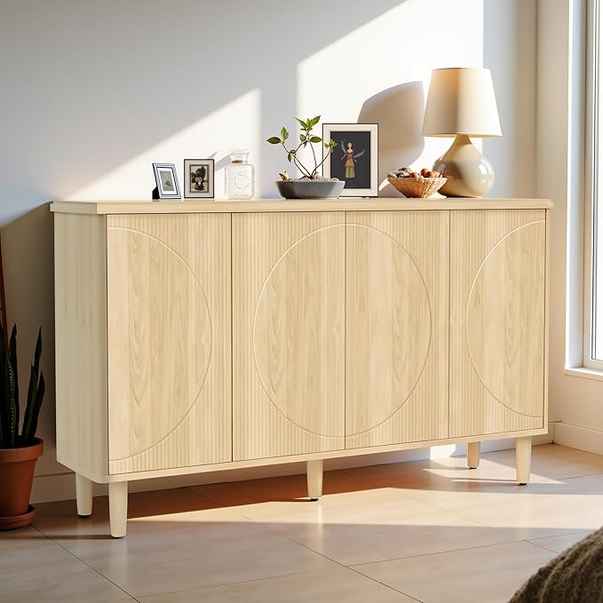 59.4" Sideboard Buffet Cabinet with Storage, Kitchen Buffet Storage Cabinet with Doors & Shelves, Modern Sideboard for Living Room, Kitchen, Hallway, Light Walnut