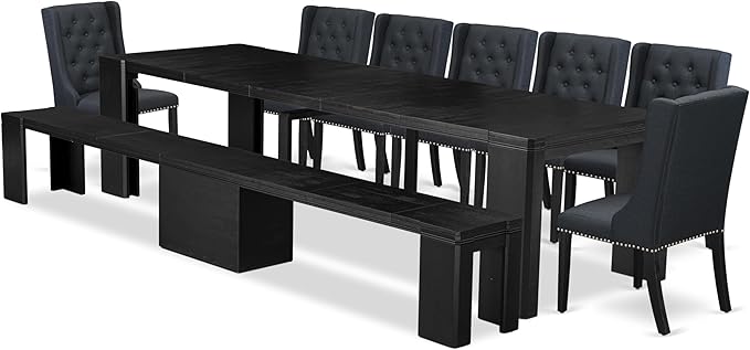 X07FO-B06-24 - 9-piece Dining Room Table Set a Rectangular Dining Table and a wooden Bench and 7 Black Linen Fabric Kitchen Chair, 39x120 Inch, Wire Brushed Black