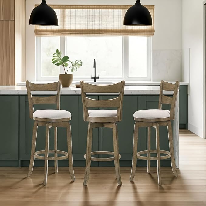Armen Living Blair 26 in. Putty Brown Counter Height Rubberwood Swivel Barstool with Cream Fabric Seat - Set of 3